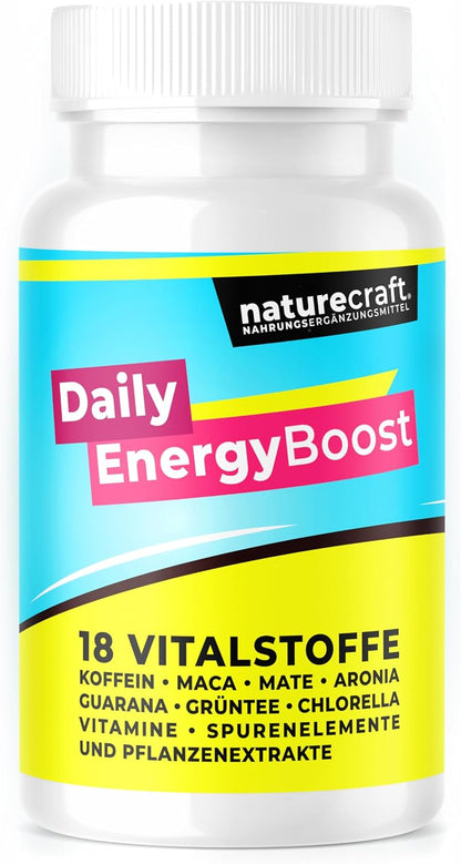 Daily EnergyBoost Nahrungsergänzungsmittel - 18 Vitalstoffe wie Koffeein, Maca, Mate, Aronia, Guarana, Grüntee, Chlorella, Vitamine, Spurenelemente und Pflanzenextrakte - vegan - 30 Kapseln