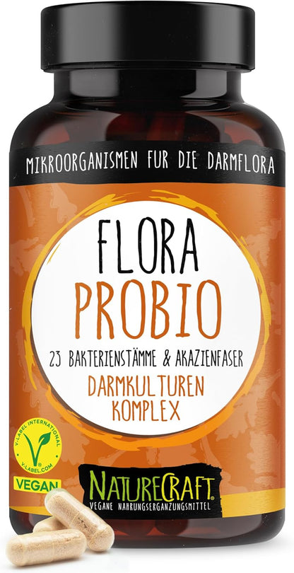 FloraProbio - Kulturen Komplex mit 23 Bakterienstämmen (10 Mrd. KBE) & Akazienfasern ohne Inulin, vegan - 60 magensaftresistente Kapseln (= max. 2 Monats-Vorrat)