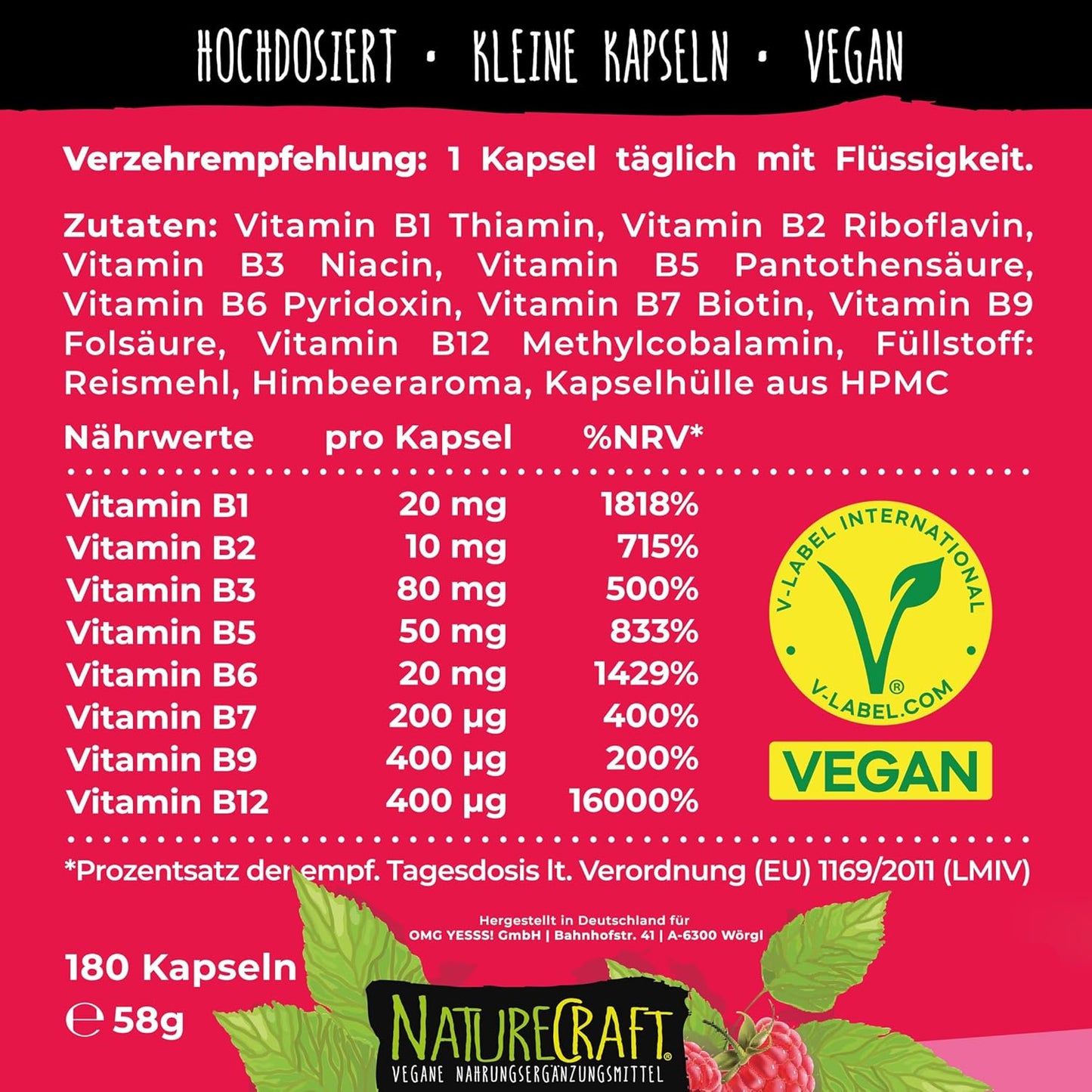 Vitamin B-Komplex - B1 + B2 + B3 + B5 + B6 + B7 + B9 + B12 fuer Erwachsene, vegan, hochdosiert - 180 Kapseln (6 Monats-Vorrat)