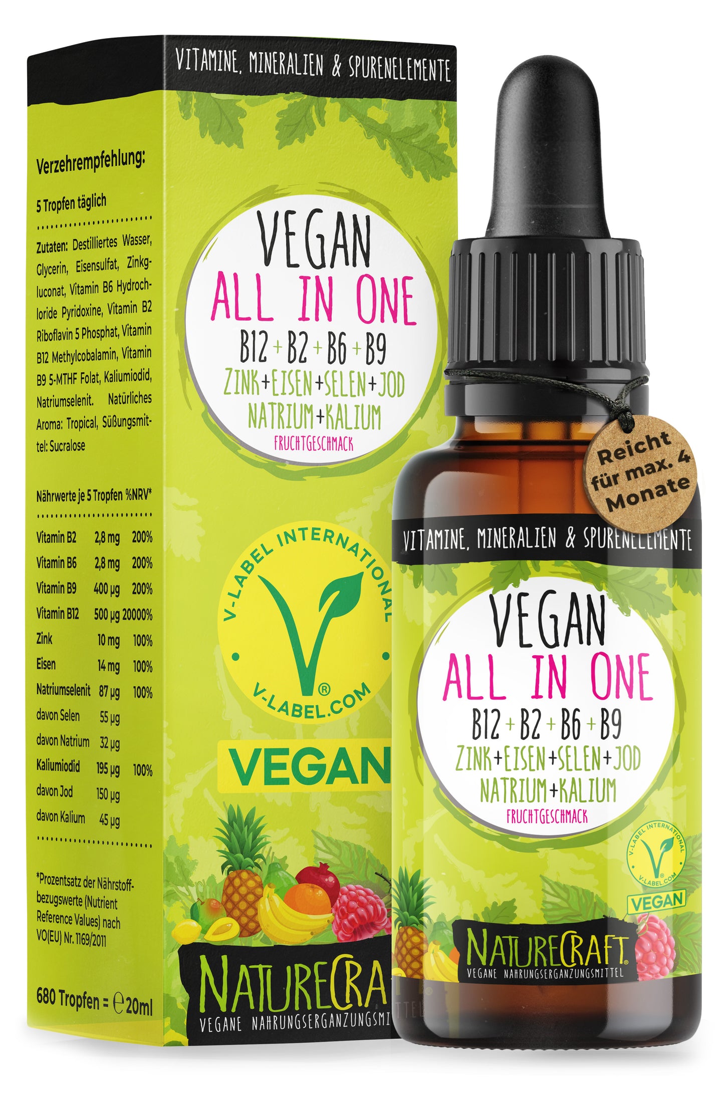 Vegan All-in-One Tropfen - Vitamin B12+B2+B6+B9 Folsäure + Zink + Eisen + Selen + Natrium + Kalium + Jod - Komplex mit natürlichem Tropical Fruchtgeschmack (20ml = ca. 4 Monats-Vorrat)