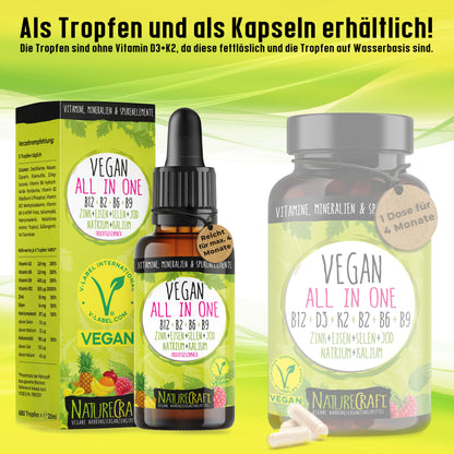 Vegan All-in-One Tropfen - Vitamin B12+B2+B6+B9 Folsäure + Zink + Eisen + Selen + Natrium + Kalium + Jod - Komplex mit natürlichem Tropical Fruchtgeschmack (20ml = ca. 4 Monats-Vorrat)