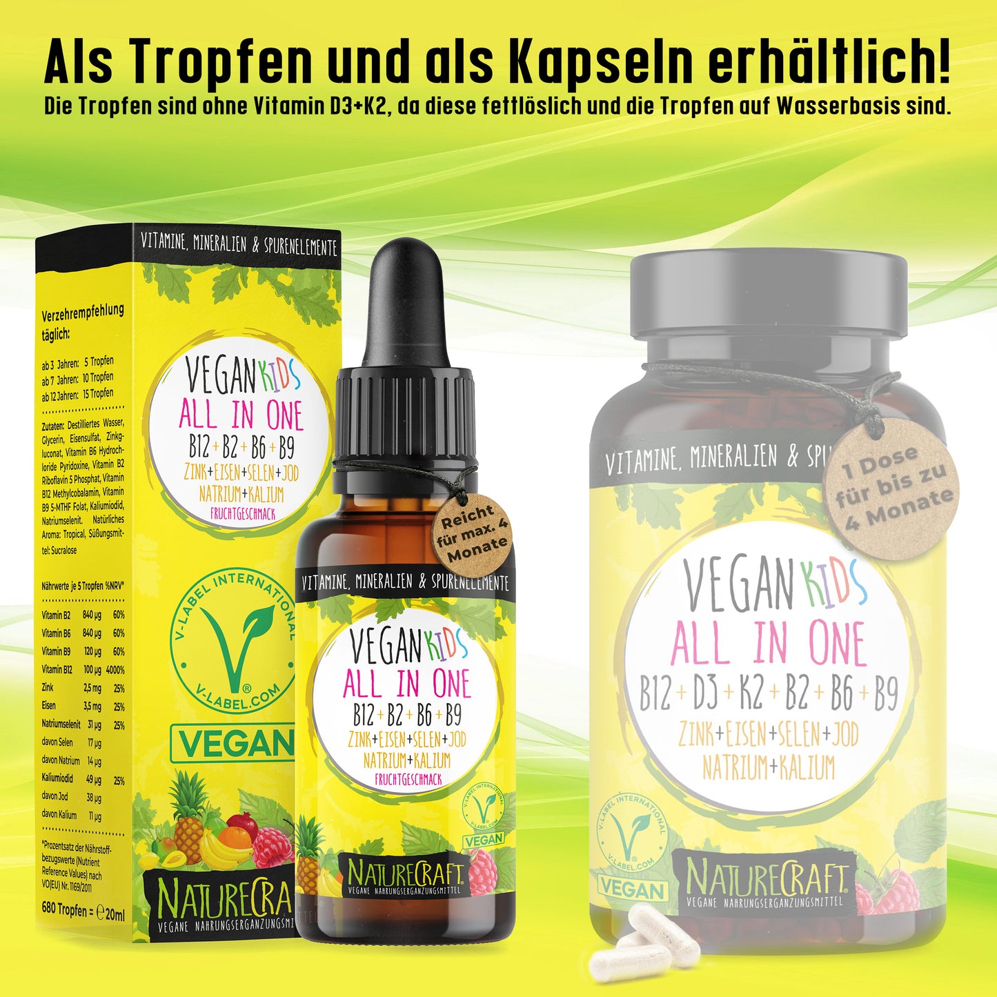 Vegan Kids All-in-One Tropfen - Vitamin B12+B2+B6+B9 Folsäure + Zink + Eisen + Selen + Natrium + Kalium + Jod - Komplex mit natürlichem Tropical Fruchtgeschmack (20ml = max. 4 Monats-Vorrat)