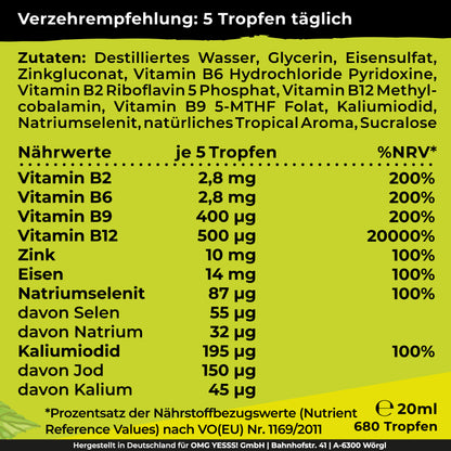Vegan All-in-One Tropfen - Vitamin B12+B2+B6+B9 Folsäure + Zink + Eisen + Selen + Natrium + Kalium + Jod - Komplex mit natürlichem Tropical Fruchtgeschmack (20ml = ca. 4 Monats-Vorrat)